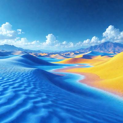 The primary subject of the image is a beautiful blue ocean with a few clouds in the sky. The setting is a vast, open ocean with a mountain range in the background. The visual style is a realistic representation of the ocean and the surrounding landscape. The dominant colors are blue and orange, creating a serene and calming atmosphere.
